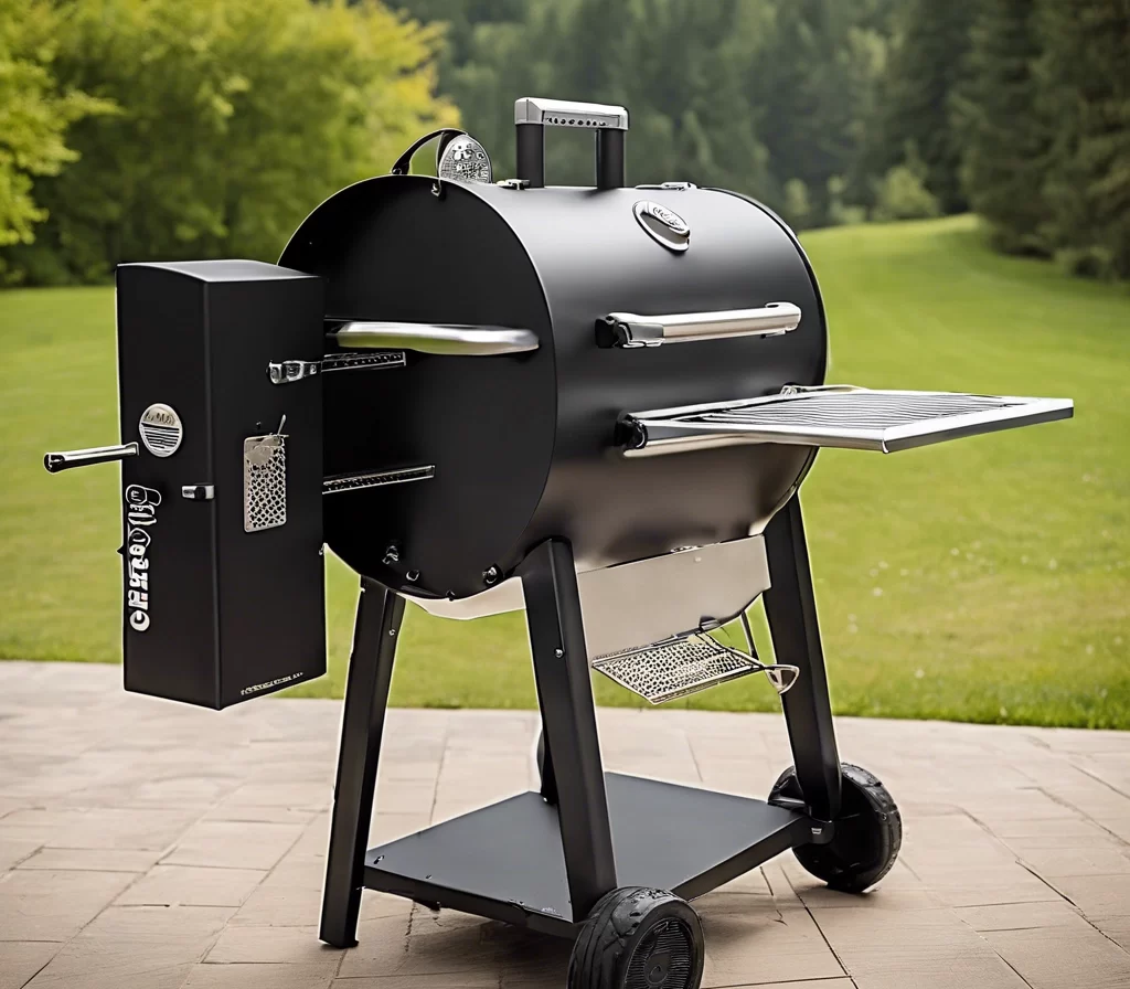 A sleek black outdoor barrel grill with a smoke stack, side shelf, and wheeled cart stands ready for a barbecue session amidst a lush green lawn, featured as part of the best Outdoor Gear.