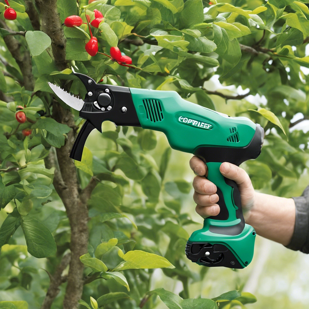 A person using an electric pruning shear from Best Outdoor Gear to trim branches from a fruit tree.