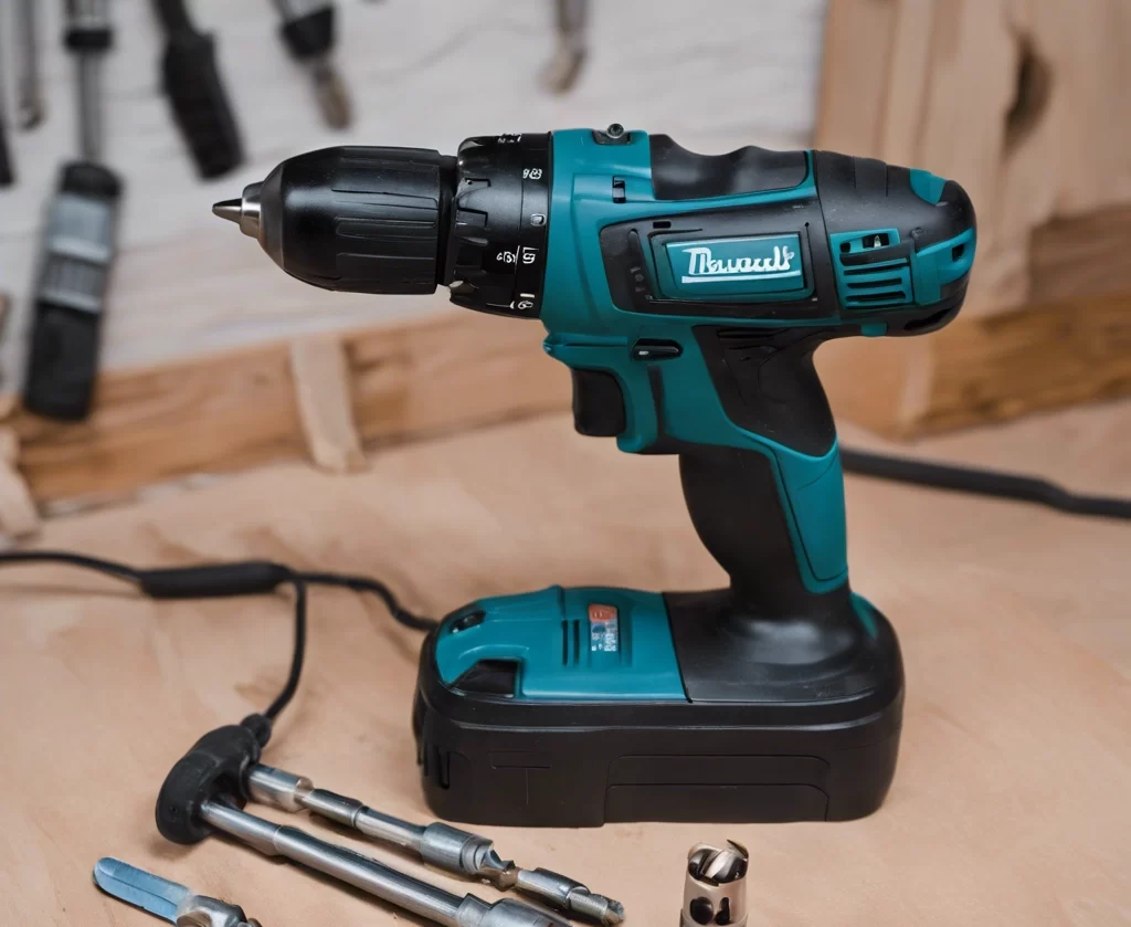 A cordless power drill with a battery pack and an assortment of drill bits on a wooden workbench, part of the Best Outdoor Gear collection.